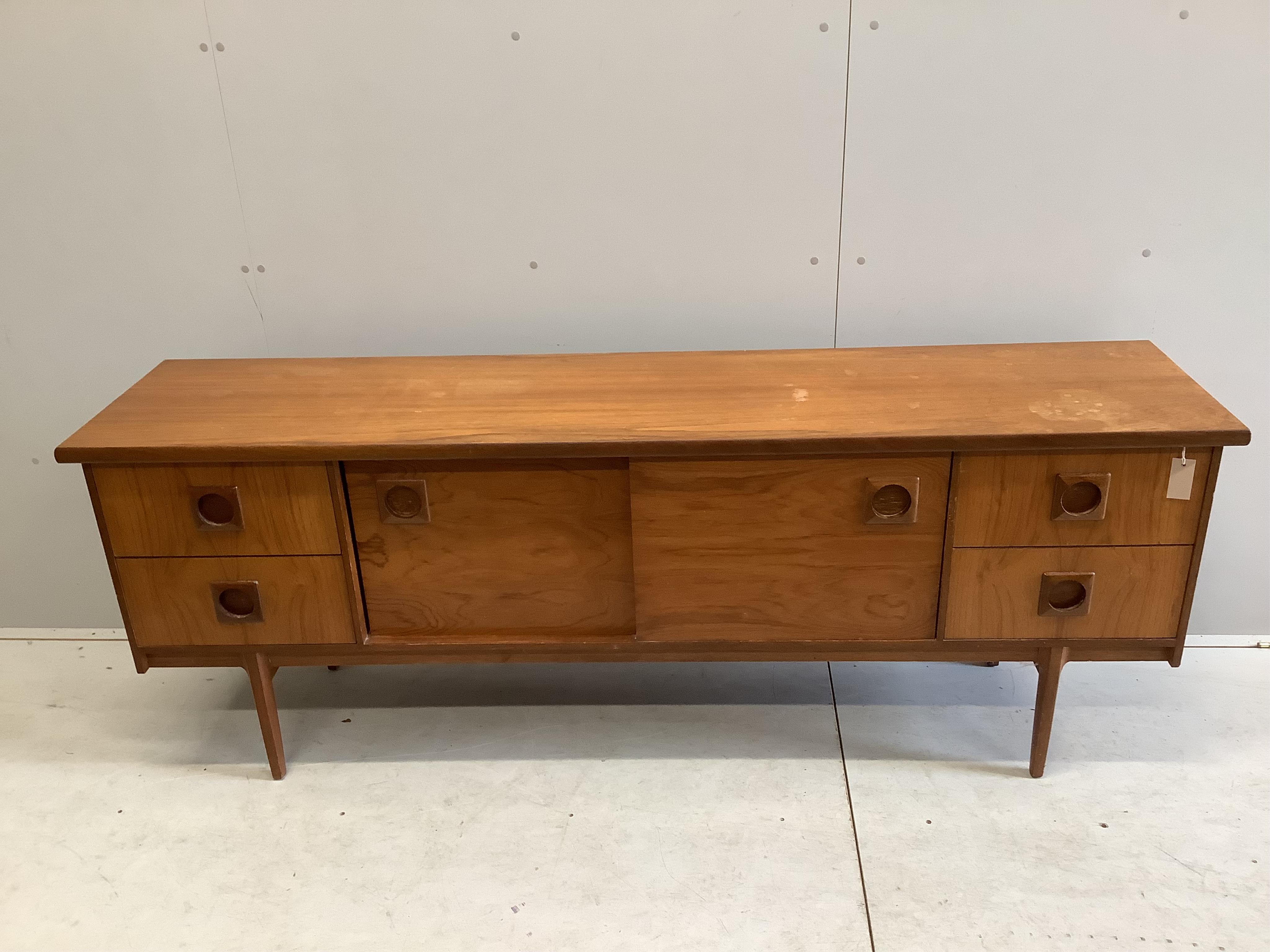 A mid century Bath Cabinet Makers teak sideboard, width 198cm, depth 45cm, height 73cm. Condition - fair